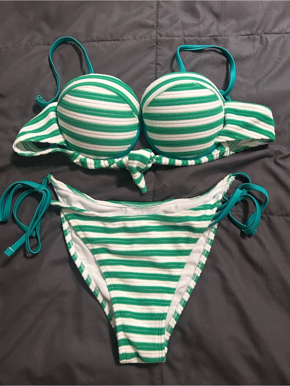 Green & White Striped Tie-Front Bikini Set